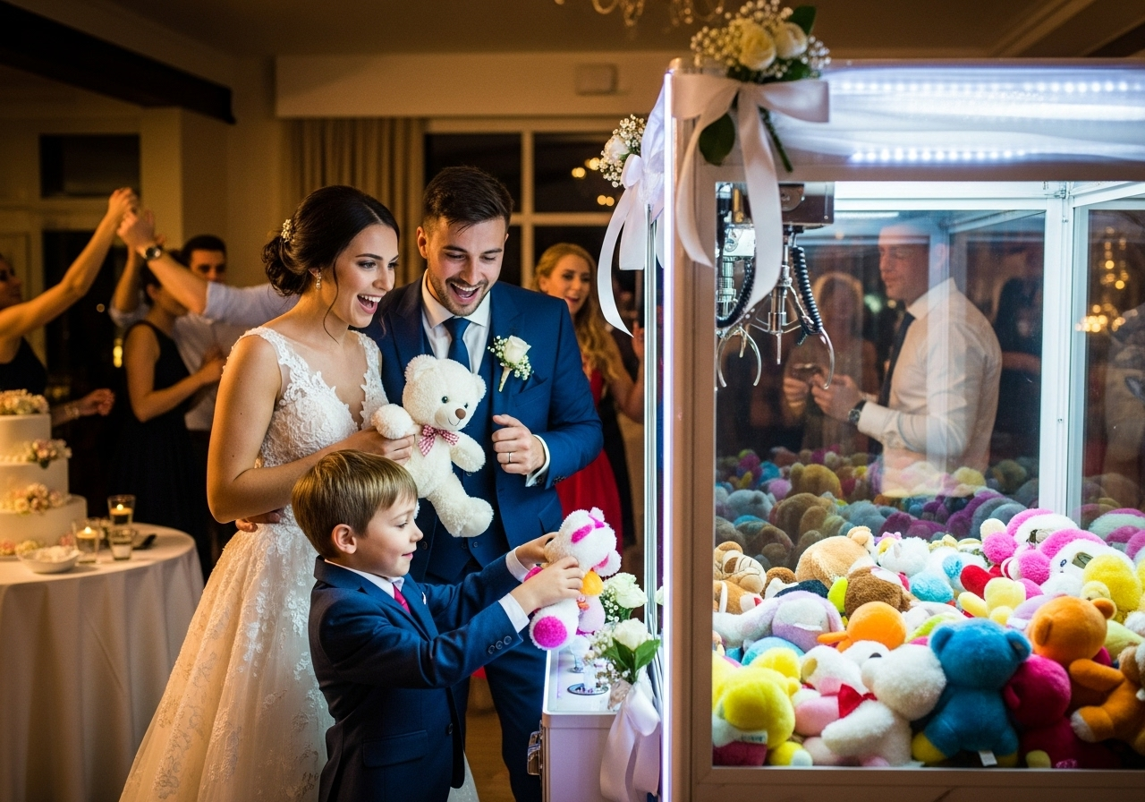 Máquina de pelúcia em festa casamento