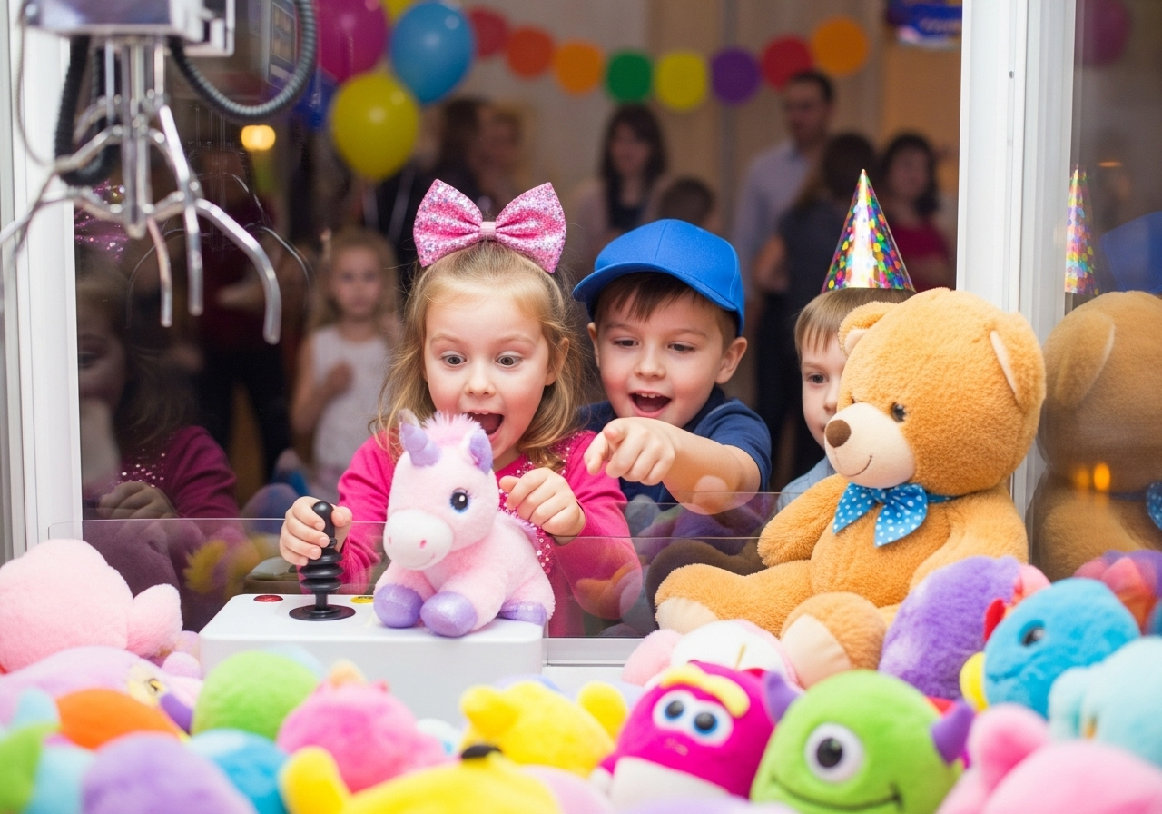 Crianças se divertindo com a máquina de pelúcia